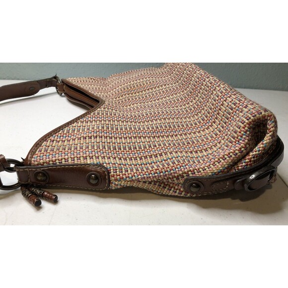 VTG Y2K Fossil Key Woven Nylon Brown Leather Hobo Bag Handbag Shoulder Purse - Picture 4 of 15